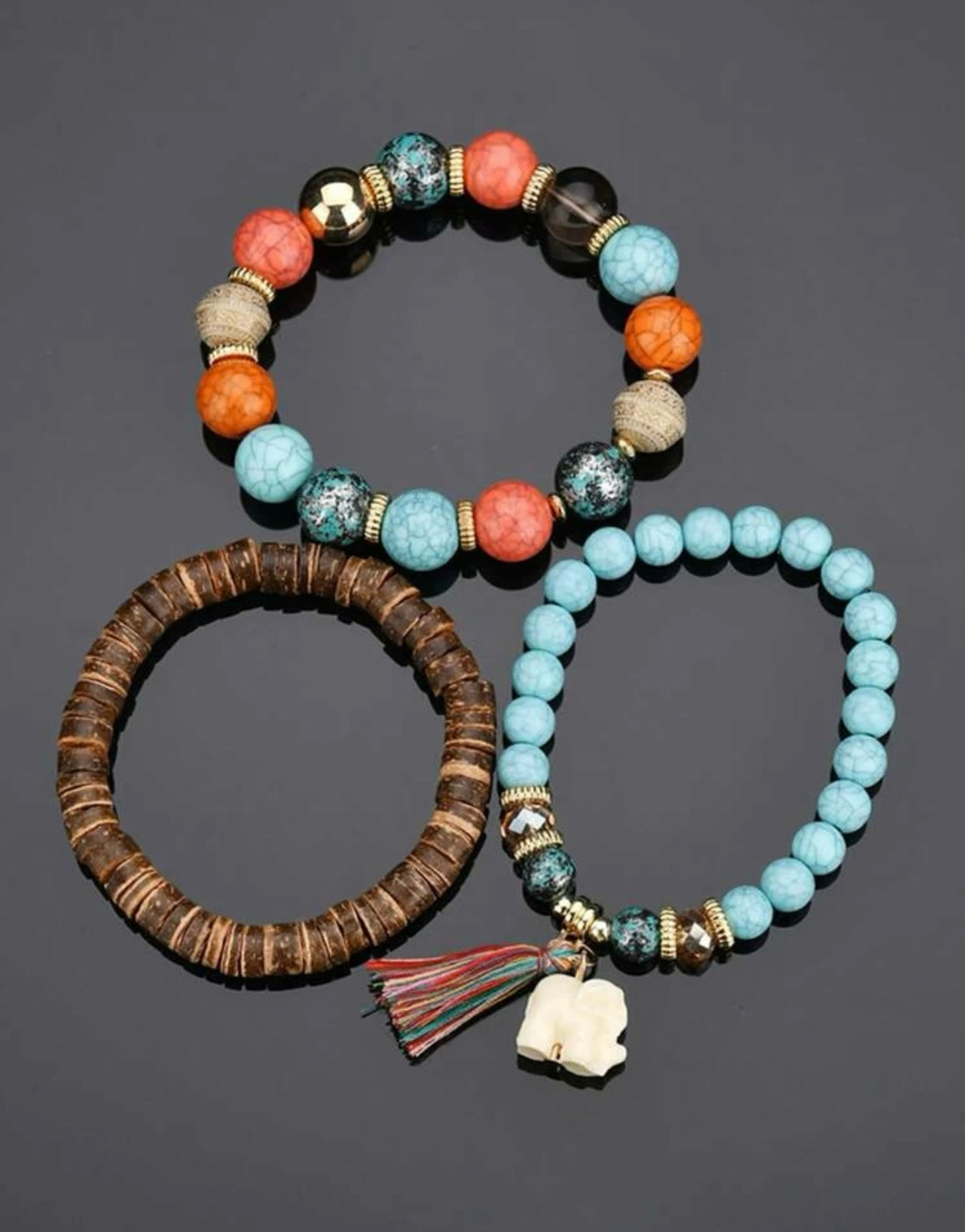 Elephant Charm Tassel 3 Piece Beaded Bracelet