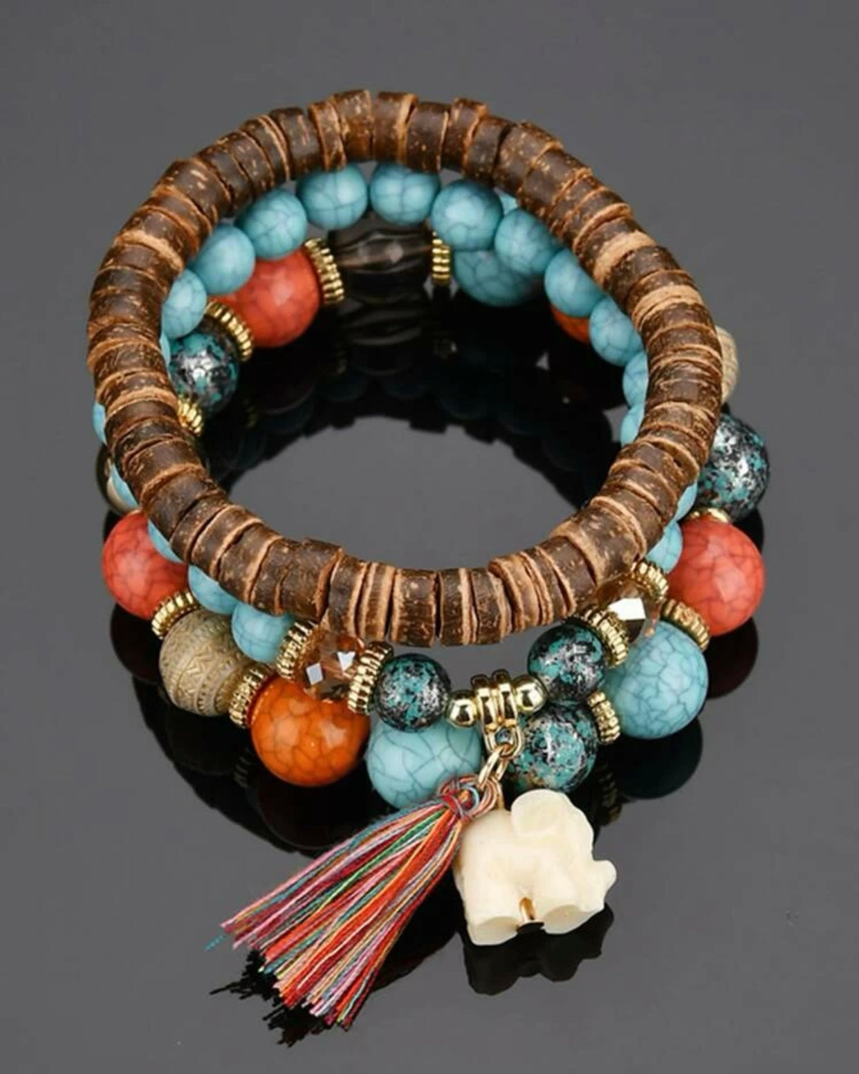 Elephant Charm Tassel 3 Piece Beaded Bracelet