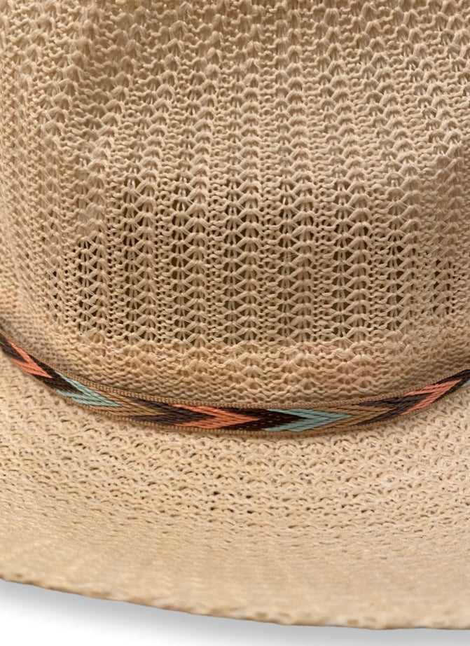 Knitted Mesh Cowboy Sun Hat with Navajo Detailing Beige