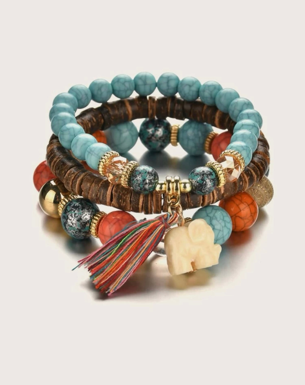 Elephant Charm Tassel 3 Piece Beaded Bracelet