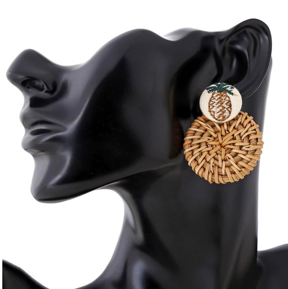 Handmade Wooden Straw Weave Pineapple Earrings