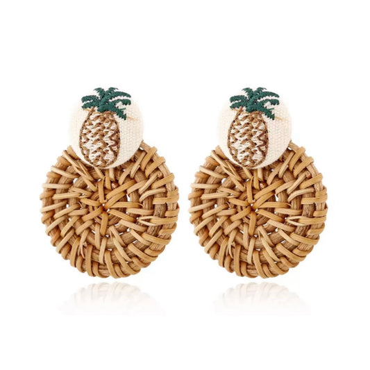 Handmade Wooden Straw Weave Pineapple Earrings