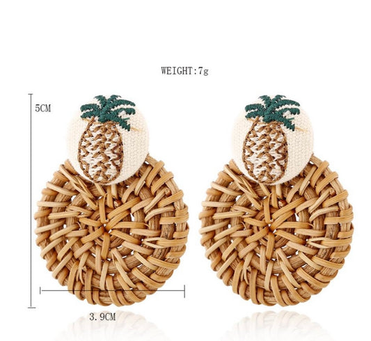 Handmade Wooden Straw Weave Pineapple Earrings