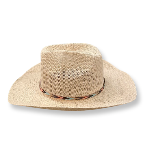 Knitted Mesh Cowboy Sun Hat with Navajo Detailing Beige