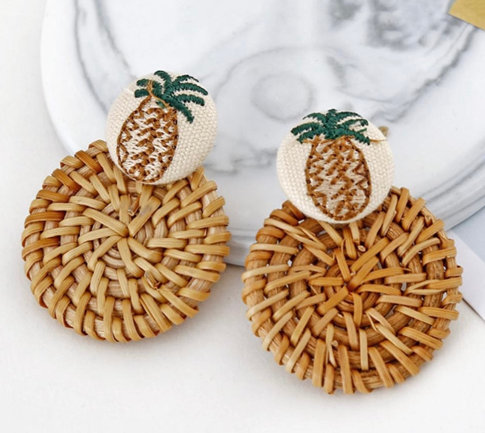 Handmade Wooden Straw Weave Pineapple Earrings