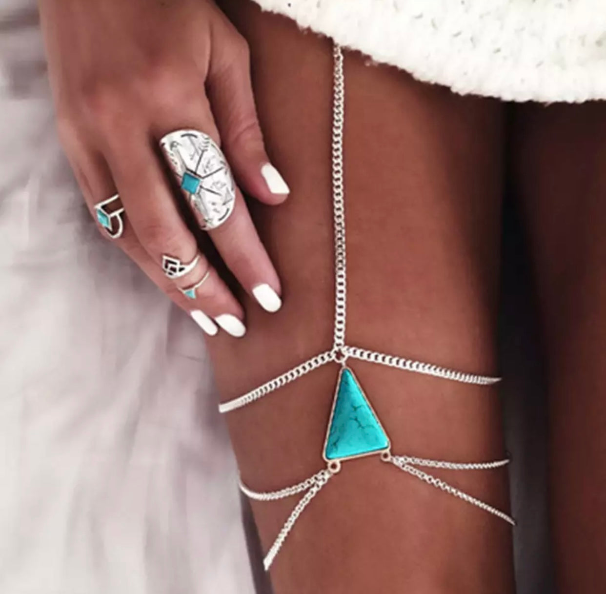 Silver Turquoise Boho Multilayer Body Waist Thigh Chain Garter