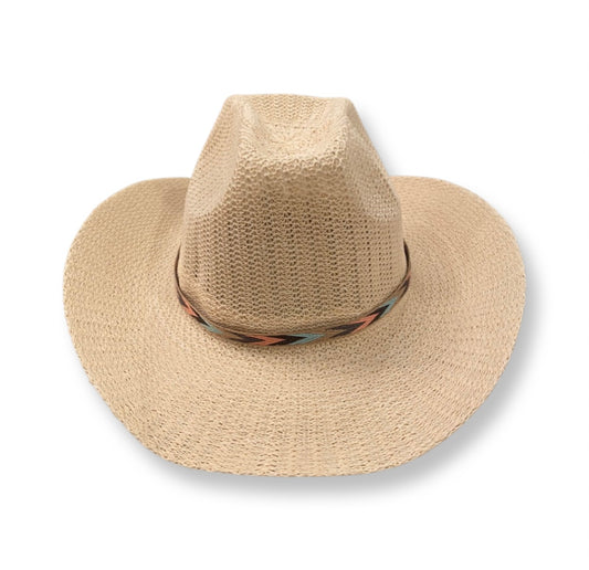 Knitted Mesh Cowboy Sun Hat with Navajo Detailing Beige